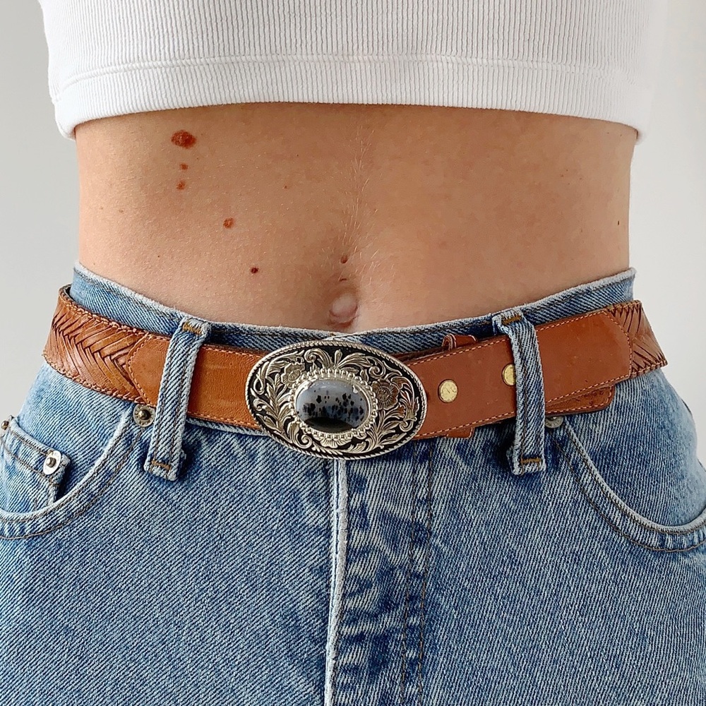 ‼️SOLD‼️Vintage Levi’s western brown woven leather belt engraved silver gemstone - Picture 1 of 7